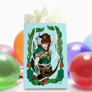 Bolsa De Regalo Mediana Elfa Arquera del Bosque Encantado Verde Fantasía