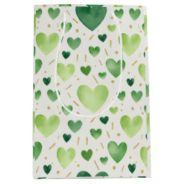 Bolsa De Regalo Mediana Emerald Green Watercolor & Gold Glitter Hearts