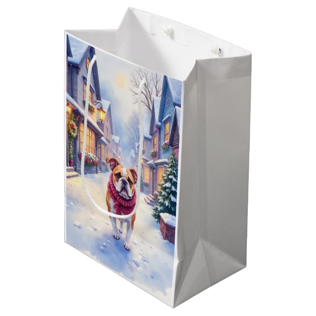 Bolsa De Regalo Mediana English Bulldog Snowy Christmas Village Holiday (Angulo Anverso)