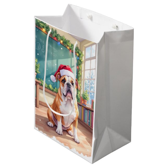 Bolsa De Regalo Mediana English Bulldog Teacher Classroom Santa Hat (Angulo Anverso)