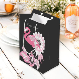 Bolsa De Regalo Mediana ¡Enhorabuena! Black Paisley Pink Flamingo