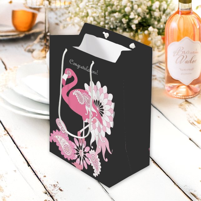 Bolsa De Regalo Mediana ¡Enhorabuena! Black Paisley Pink Flamingo (Subido por el creador)