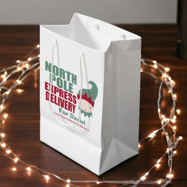 Bolsa De Regalo Mediana Entrega Elf North Pole Express Personalizada (North Pole Express Delivery Personalized Elf Gift Bag from Ricaso)