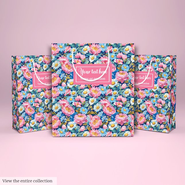 Bolsa De Regalo Mediana Envoltura personalizada de regalo floral rosa y az (Personalized hot pink and blue floral gift wrap Medium Gift Bag)