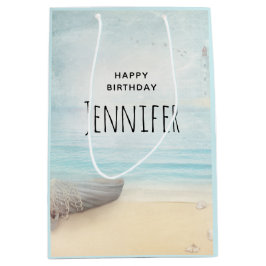 Bolsa De Regalo Mediana Escena de playa costera con cumpleaños en barco pe