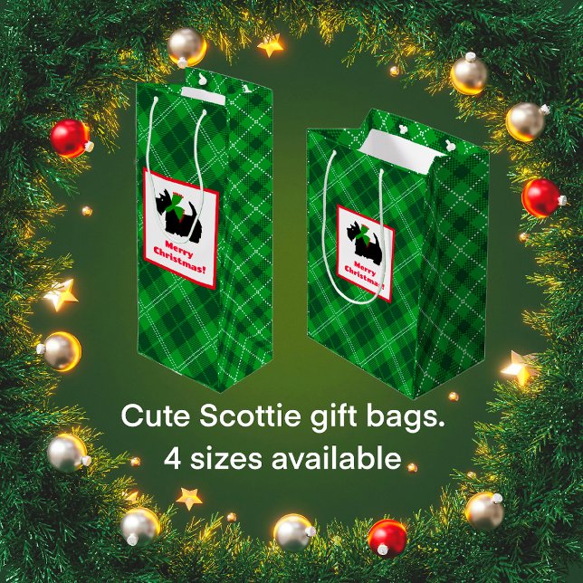 Bolsa De Regalo Mediana Escocia Terrier Navidades Green Plaid (Retro Scottish Terrier tartan plaid gift bags.)