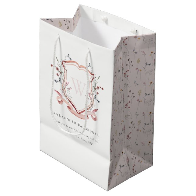 Bolsa De Regalo Mediana Escudo de acuarela de flores silvestres rosadas (Angulo Anverso)