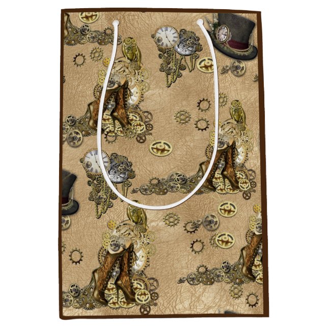 Bolsa De Regalo Mediana Esculturas de Steampunk sobre textura de cuero de  (Anverso)