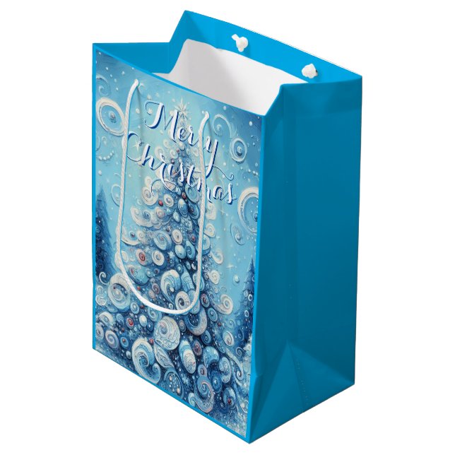 Bolsa De Regalo Mediana Espectacular árbol de navidad impresionista azul (Angulo Anverso)