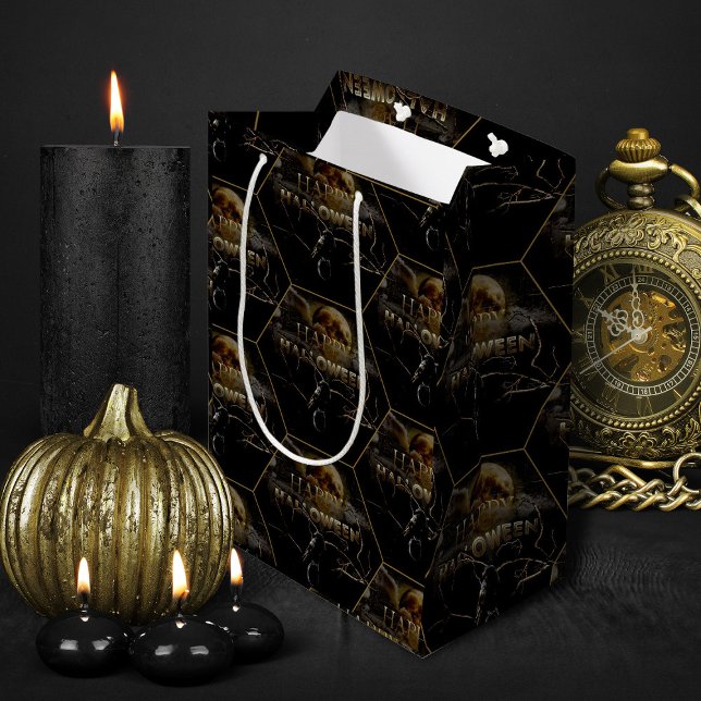 Bolsa De Regalo Mediana Espeluznante Raven Gótico En Luna Completa Hallowe (black and gold elegant Halloween treats gift bag)