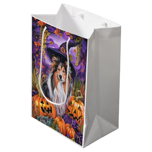 Bolsa De Regalo Mediana Espeluznante Shetland Sheepdog Halloween Witch Pum (Angulo Anverso)