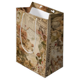 Bolsa De Regalo Mediana Estética floral de periódico vintage Cottagecore