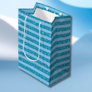 Bolsa De Regalo Mediana Estilo de Brillo Azul Océano Chic con Rayas Horizo