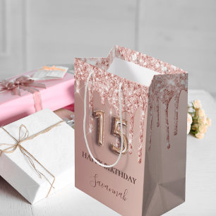 Bolsa De Regalo Mediana Estilo de globo rosa rosa purpurina de oro de Quin