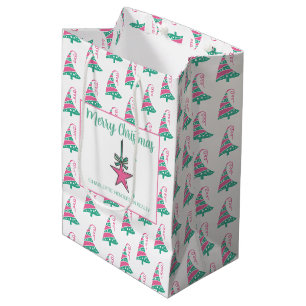 Bolsa De Regalo Mediana Estrella de árbol de Navidad rosa y verde moderna