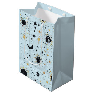 Bolsa De Regalo Mediana Estrellas de luna de sol celestial negro, dorado y