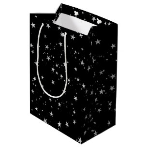 Bolsa De Regalo Mediana Estrellas de plata sobre negro