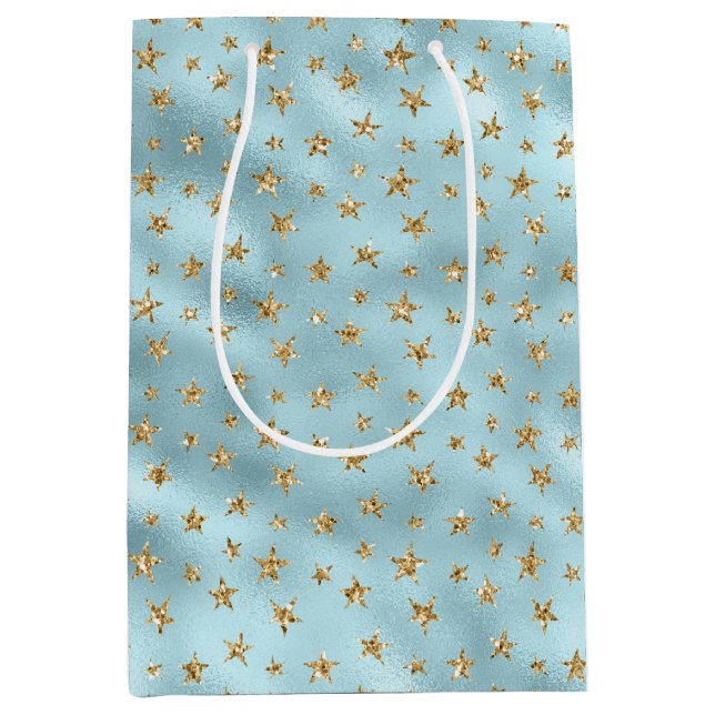Bolsa De Regalo Mediana Estrellas Purpurinas Aqua Mint Gold (Anverso)