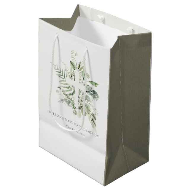 Bolsa De Regalo Mediana Eucalyptus Fern Foliage Cross First Holy Communia (Angulo Anverso)