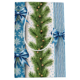 BOLSA DE REGALO MEDIANA EVERGREEN GARLAND BLUE HOLIDAYS BOWS & STRIPES