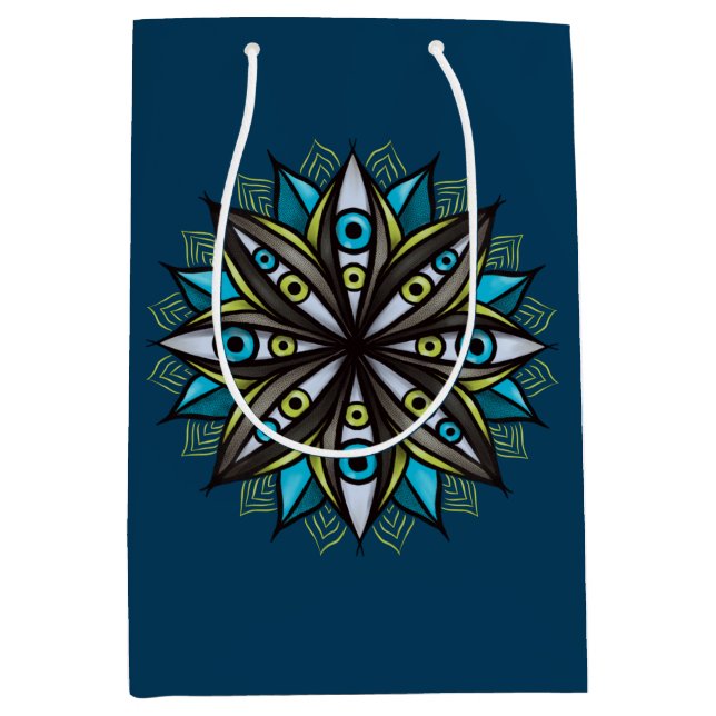 Bolsa De Regalo Mediana Extraños Ojos Mandala Art - Trippy Flor Azul Verde (Anverso)
