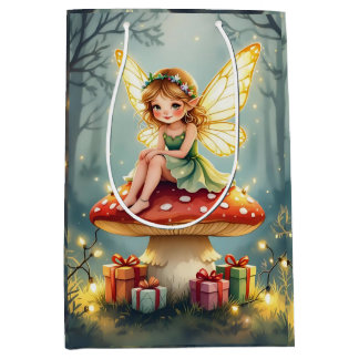 Bolsa De Regalo Mediana Fairy on a Mushroom in Enchanted Forest Christmas