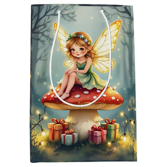 Bolsa De Regalo Mediana Fairy on a Mushroom in Enchanted Forest Christmas (Anverso)