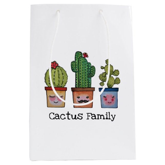Bolsa De Regalo Mediana Familia Cute Cactus En Acuarela (Anverso)