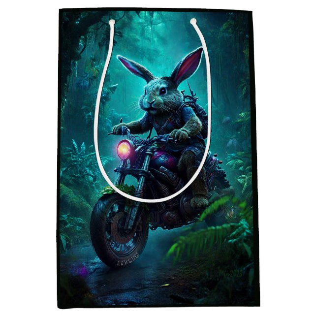 Bolsa De Regalo Mediana Fantasía Conejo De Conejo En Motocicleta (Anverso)