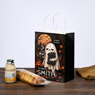 Bolsa De Regalo Mediana Fantasma Gruñón Sosteniendo Perro Pug Negro Meh Ha