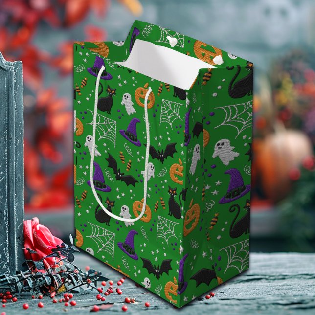 Bolsa De Regalo Mediana Fantasmas de gatos negros murmuran patrón verde Ha (Subido por el creador)