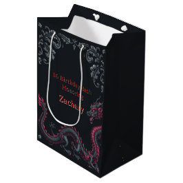 Bolsa De Regalo Mediana Fantástico Cumpleaños 16 Dragón Negro Rojo Damasca