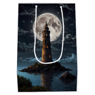 Bolsa De Regalo Mediana Faro iluminado por la luz de la luna en una noche 