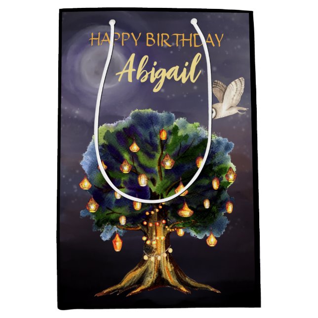 Bolsa De Regalo Mediana Faroles de árbol personalizados, luna, cumpleaños  (Anverso)