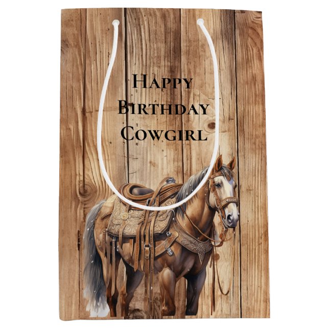 Bolsa De Regalo Mediana Faux Wood Western Cowboy Cowgirl Horse Birday (Anverso)