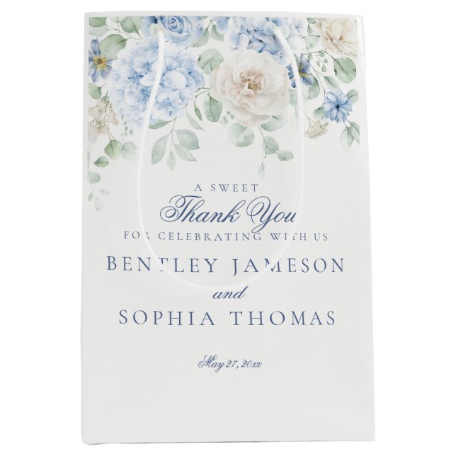 Bolsa De Regalo Mediana Favor de boda con flores de hortensias azules (Anverso)