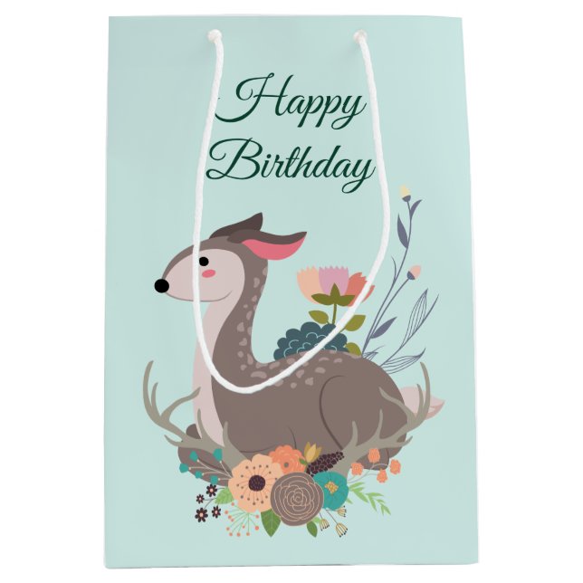 Bolsa De Regalo Mediana Fawn Deer Floral Birthday personalizado (Anverso)