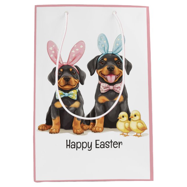 Bolsa De Regalo Mediana Felices Orejas de Conejo de Rottweiler de Pascua (Anverso)