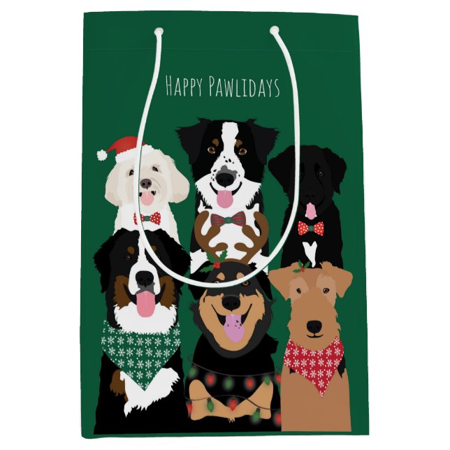 Bolsa De Regalo Mediana Felices Pawlidays Cute Navidades Perros (Anverso)