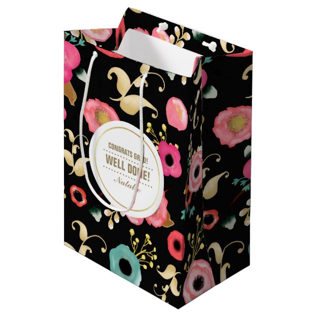 Bolsa De Regalo Mediana Felicitaciones Grad. Patrón floral moderno (Angulo Anverso)