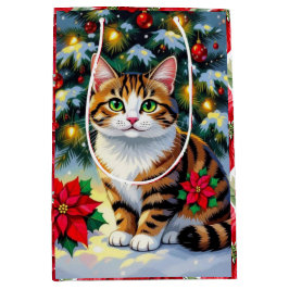 Bolsa De Regalo Mediana Felino Festivo | Gato Navideño Adorable