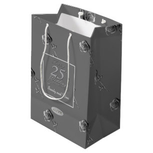 Bolsa De Regalo Mediana "Feliz 25 aniversario de Boda" Rosas 3D en gris