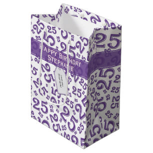 Bolsa De Regalo Mediana Feliz 25 cumpleaños número al azar patrón púrpura