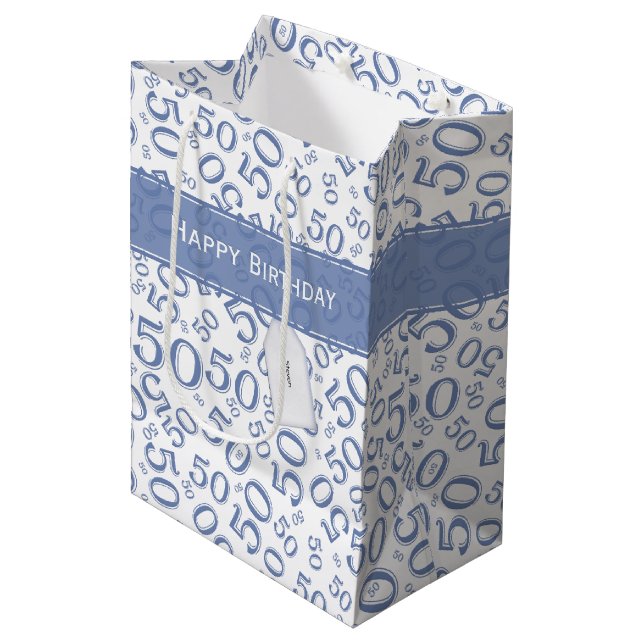 Bolsa De Regalo Mediana Feliz 50.º Nacimiento Patrón de números Azul/Blanc (Angulo Anverso)