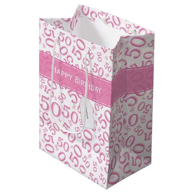 Bolsa De Regalo Mediana Feliz 50.º patrón de número de cumpleaños rosa/bla (Angulo Anverso)