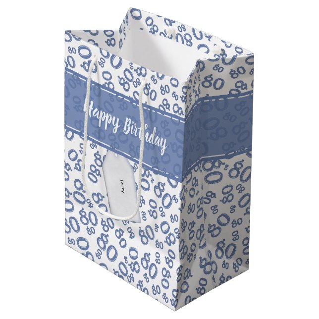 Bolsa De Regalo Mediana Feliz 80 cumpleaños Patrón de números azul y blanc (Angulo Anverso)