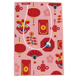 Bolsa De Regalo Mediana Feliz año nuevo chino, símbolos rosados