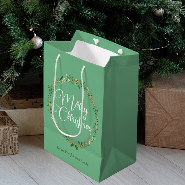 Bolsa De Regalo Mediana Feliz Bonito navideña Mint Green Wreath Personaliz (Subido por el creador)