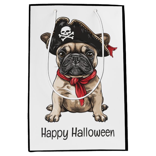Bolsa De Regalo Mediana Feliz Bulldog francés pirata de Halloween (Anverso)