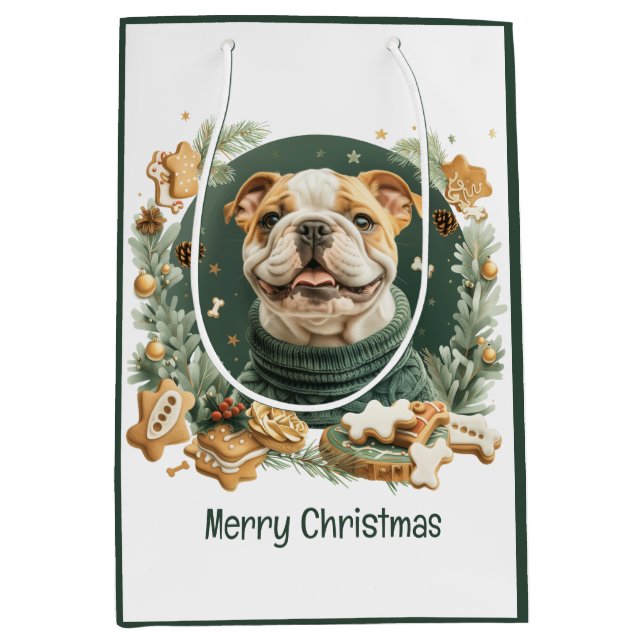 Bolsa De Regalo Mediana Feliz Bulldog inglés navideño (Anverso)